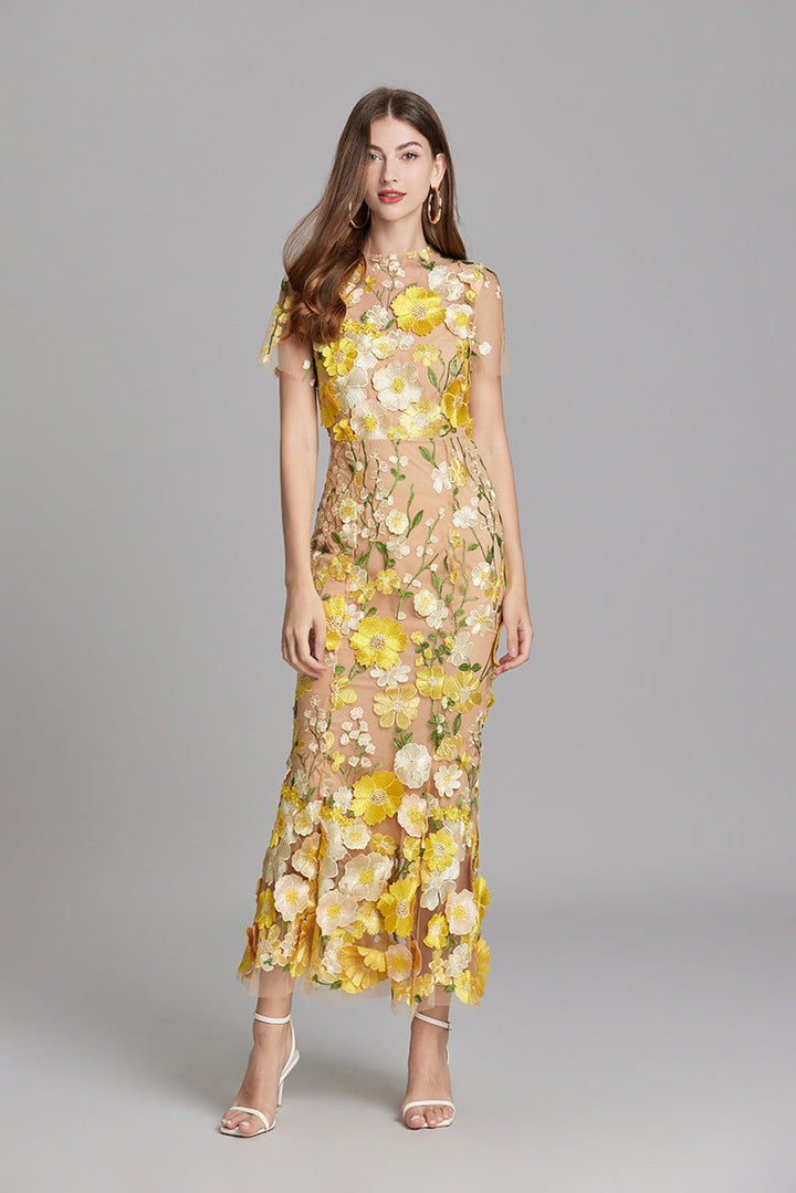 Tulle Floral Evening Dress with 3D Appliques for Women