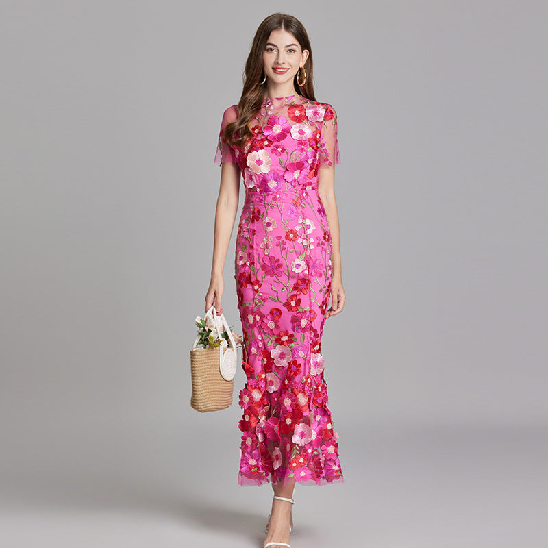 Tulle Floral Evening Dress with 3D Appliques for Women
