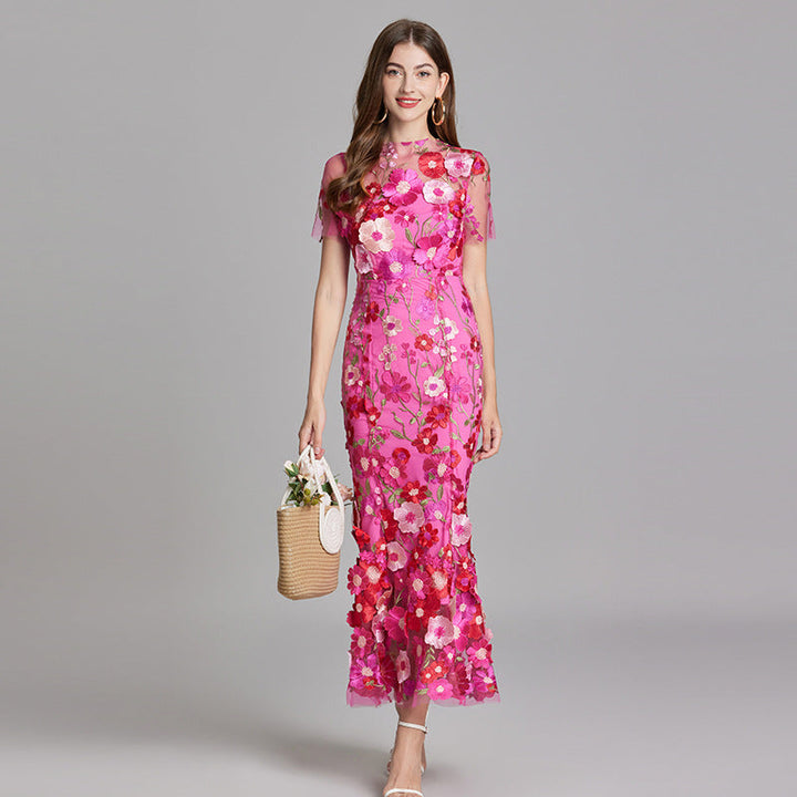 Tulle Floral Evening Dress with 3D Appliques for Women