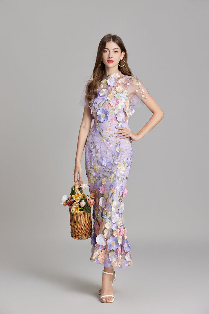 Tulle Floral Evening Dress with 3D Appliques for Women