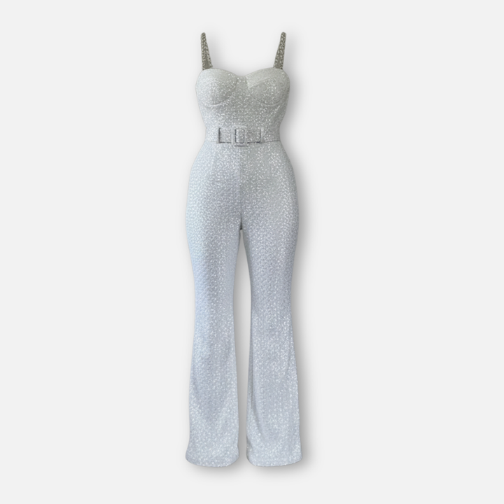 Sequin Jumpsuit with Flared Legs and Waist Belt for Women