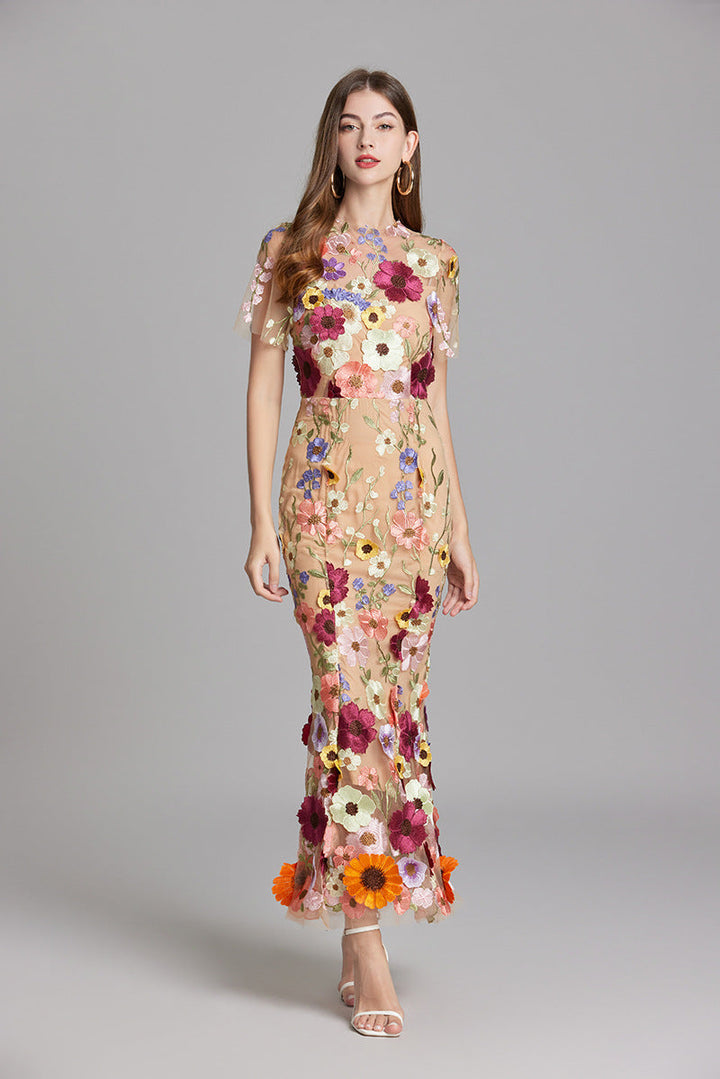 Tulle Floral Evening Dress with 3D Appliques for Women