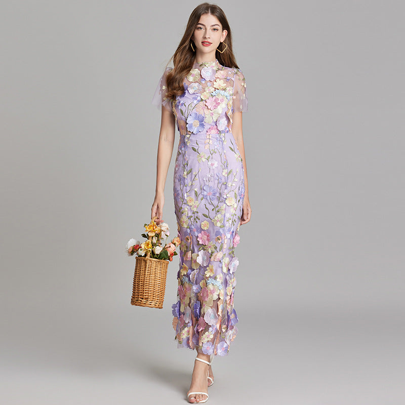 Tulle Floral Evening Dress with 3D Appliques for Women