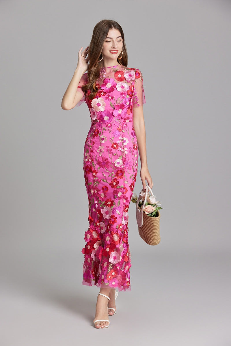 Tulle Floral Evening Dress with 3D Appliques for Women