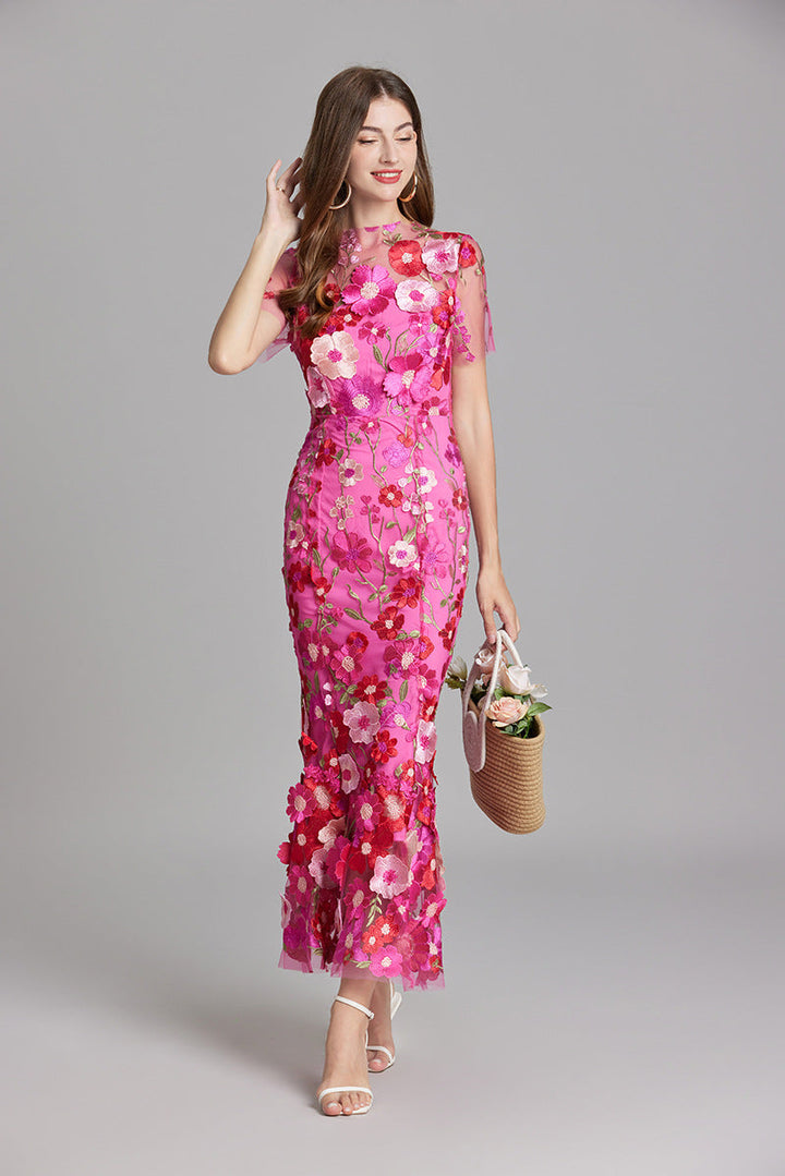 Tulle Floral Evening Dress with 3D Appliques for Women