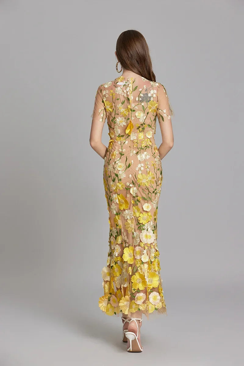Tulle Floral Evening Dress with 3D Appliques for Women